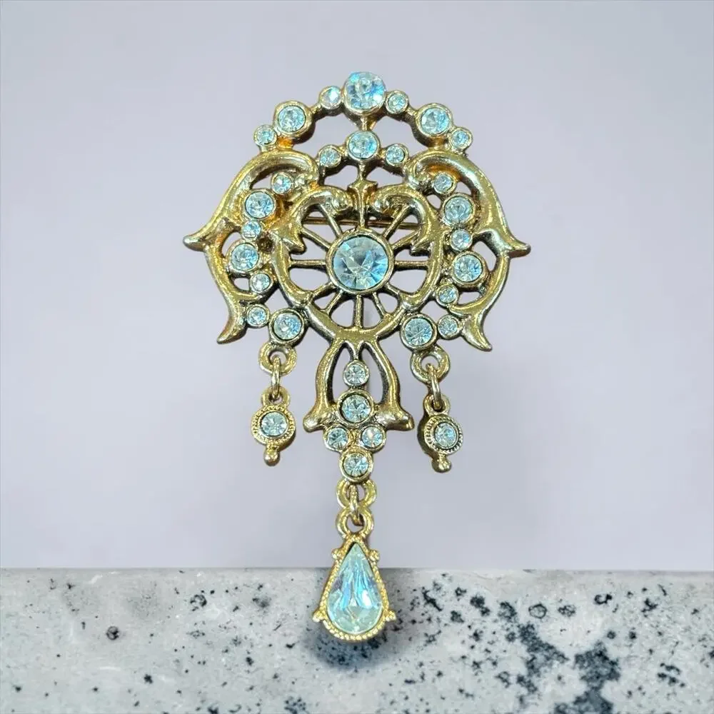 1928 Gold Rhinestone Chandelier Brooch Art Nouveau Dangle Statement Pin